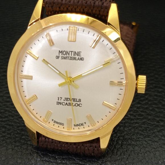 Vintage 1971 Montine Of Switzerland  Manual Mens Gold Watch W/Cloth Strap - Picture 3 of 9